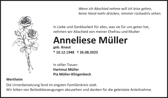 Traueranzeige von Anneliese Müller von Fränkische Nachrichten