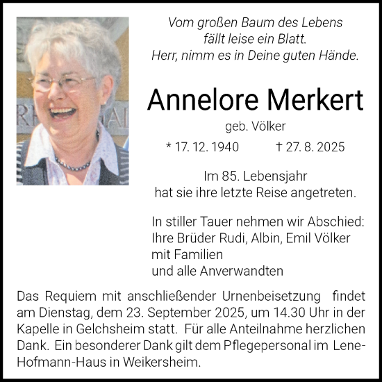 Traueranzeige von Annelore Merkert von Fränkische Nachrichten