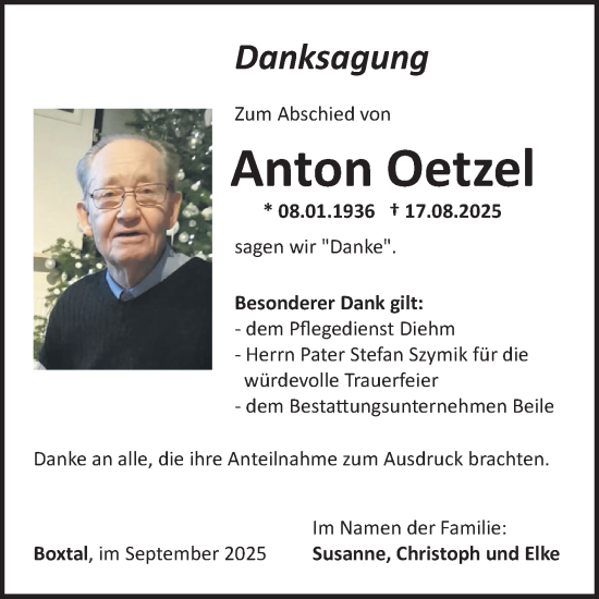 Traueranzeige von Anton Oetzel von Fränkische Nachrichten