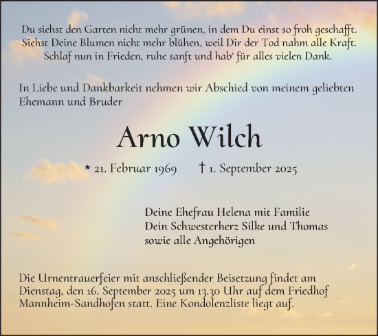 Traueranzeige von Arno Wilch von Mannheimer Morgen