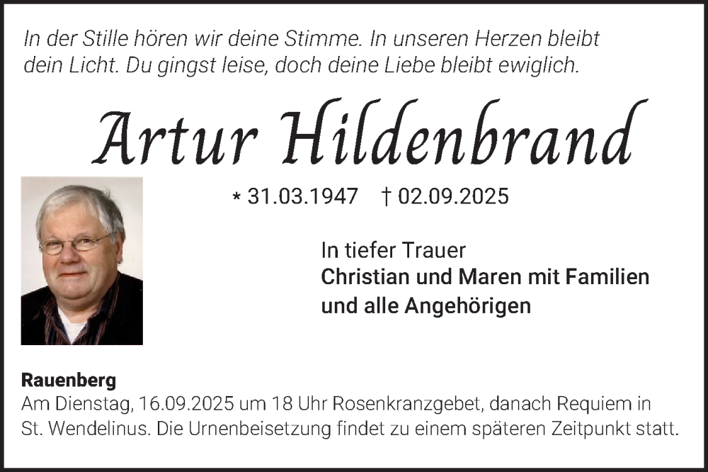  Traueranzeige für Artur Hildenbrand vom 13.09.2025 aus Fränkische Nachrichten