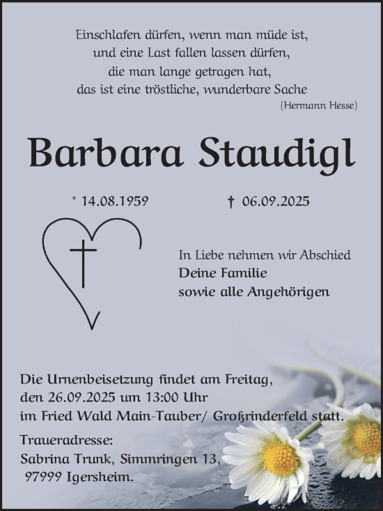 Traueranzeige von Barbara Staudigl von Bergsträßer Anzeiger