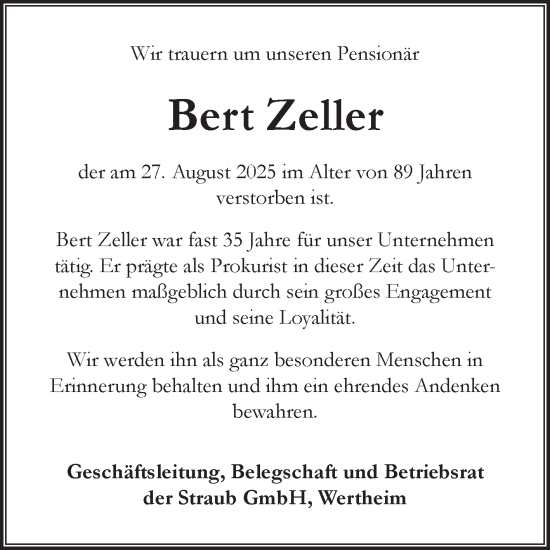 Traueranzeige von Bert Zeller von Fränkische Nachrichten