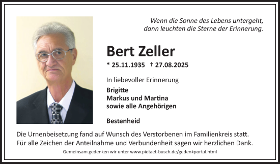 Traueranzeige von Bert Zeller von Fränkische Nachrichten