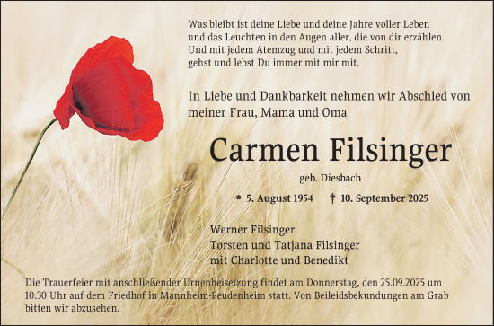 Traueranzeige von Carmen Filsinger von Mannheimer Morgen