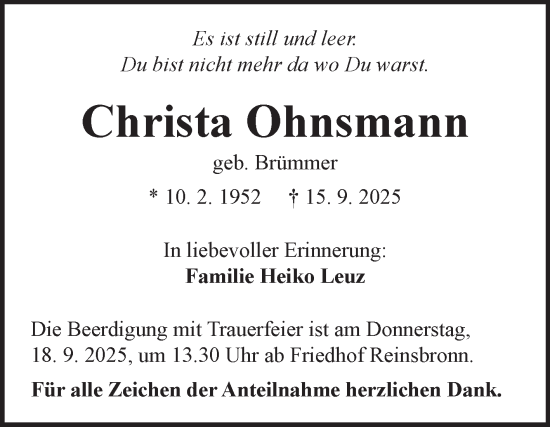 Traueranzeige von Christa Ohnsmann von Fränkische Nachrichten