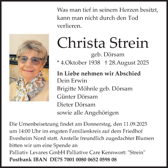 Traueranzeige von Christa Strein von Mannheimer Morgen