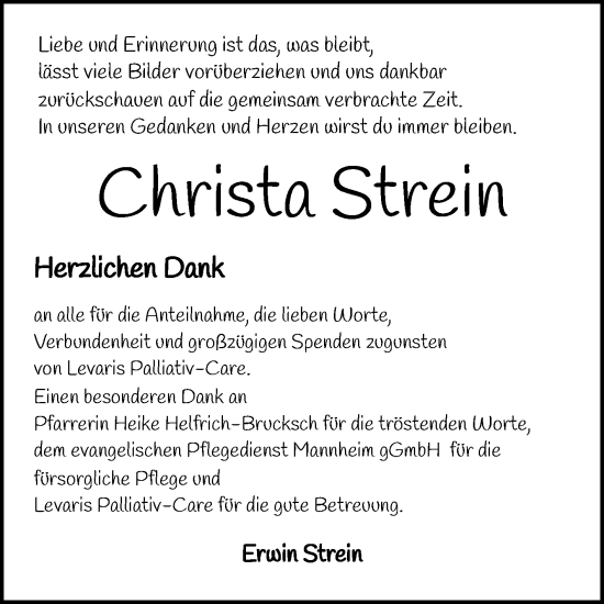 Traueranzeige von Christa Strein von Mannheimer Morgen