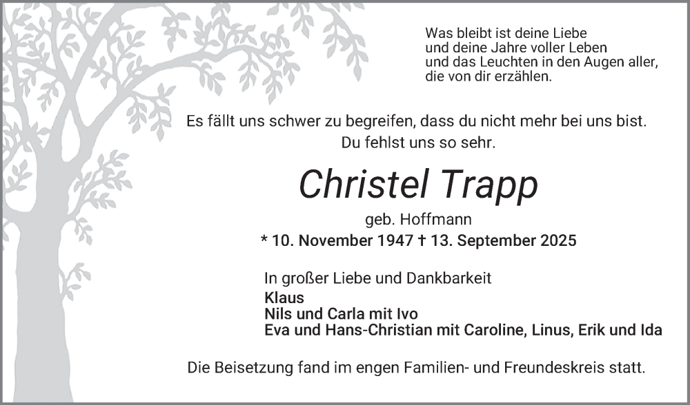  Traueranzeige für Christel Trapp vom 27.09.2025 aus Schwetzinger Zeitung