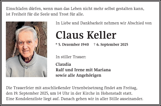 Traueranzeige von Claus Keller von Fränkische Nachrichten