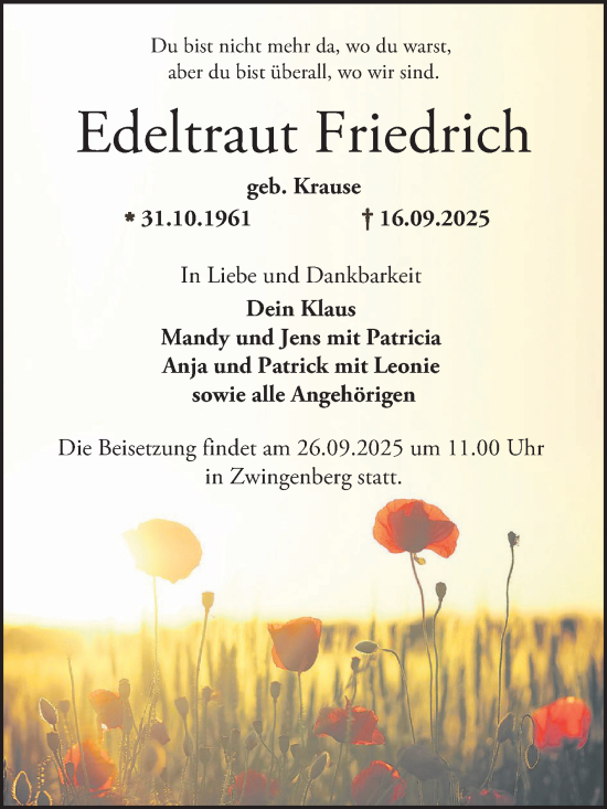 Traueranzeige von Edeltraut Friedrich von Bergsträßer Anzeiger