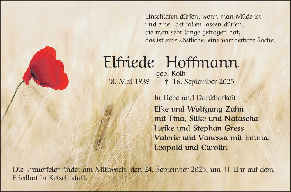  Traueranzeige für Elfriede Hoffmann vom 20.09.2025 aus Schwetzinger Zeitung
