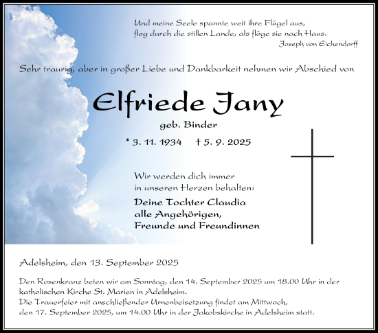 Traueranzeige von Elfriede Jany von Fränkische Nachrichten