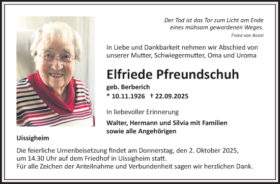Traueranzeige von Elfriede Pfreundschuh von Fränkische Nachrichten