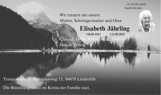 Traueranzeige von Elisabeth Jährling von Bergsträßer Anzeiger