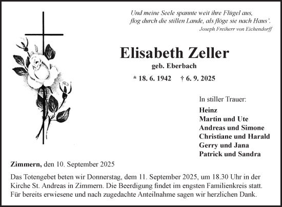Traueranzeige von Elisabeth Zeller von Fränkische Nachrichten