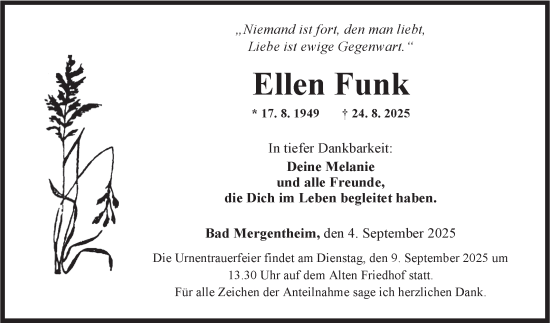Traueranzeige von Ellen Funk von Fränkische Nachrichten