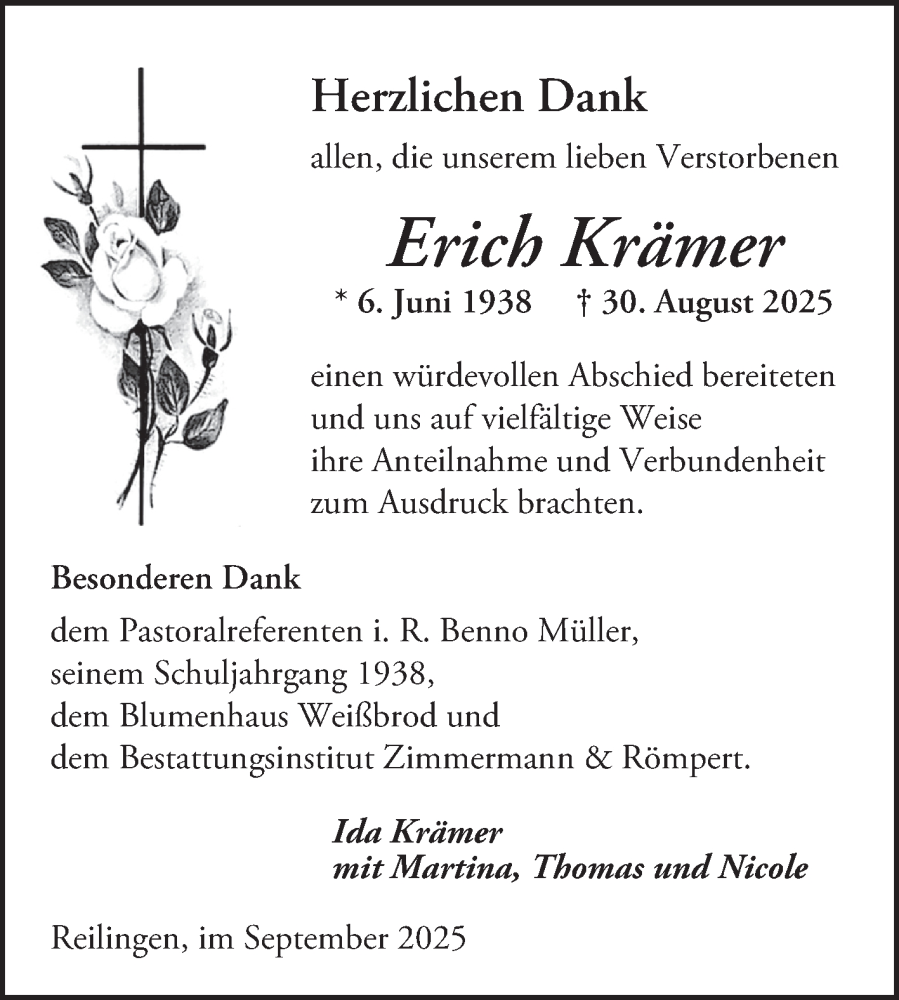  Traueranzeige für Erich Krämer vom 30.09.2025 aus Schwetzinger Zeitung
