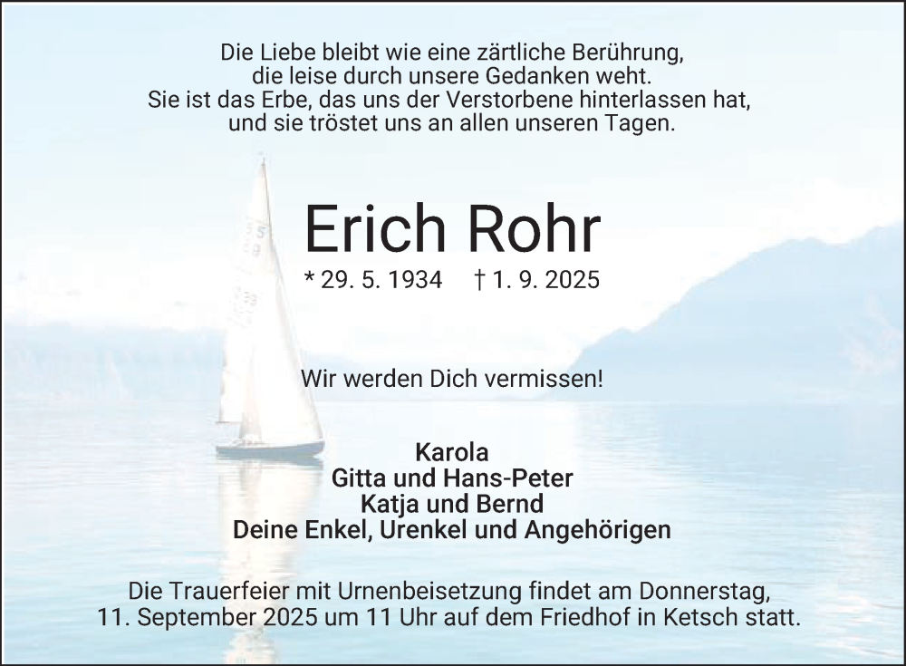  Traueranzeige für Erich Rohr vom 06.09.2025 aus Schwetzinger Zeitung
