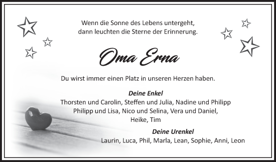 Traueranzeige von Erna  von Fränkische Nachrichten