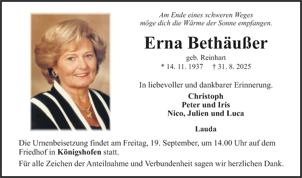  Traueranzeige für Erna Bethäußer vom 13.09.2025 aus Fränkische Nachrichten
