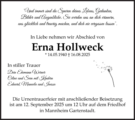 Traueranzeige von Erna Hollweck von Mannheimer Morgen