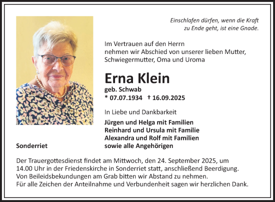 Traueranzeige von Erna Klein von Fränkische Nachrichten