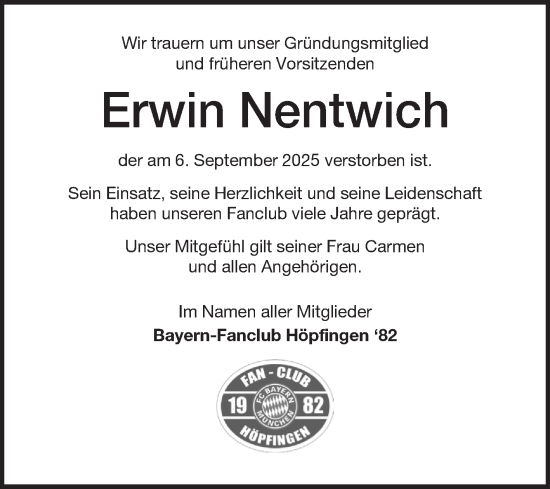 Traueranzeige von Erwin Nentwich von Fränkische Nachrichten