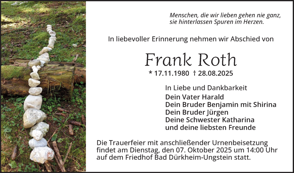  Traueranzeige für Frank Roth vom 27.09.2025 aus Mannheimer Morgen