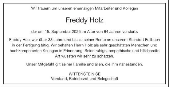 Traueranzeige von Freddy Holz von Fränkische Nachrichten