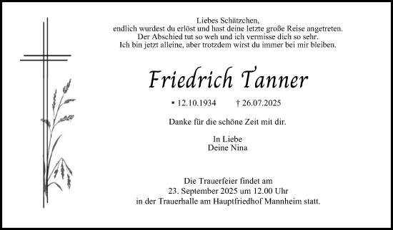 Traueranzeige von Friedrich Tanner von Mannheimer Morgen