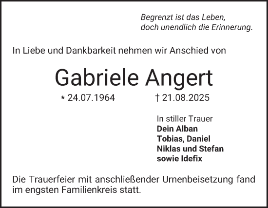 Traueranzeige von Gabriele Angert von Bergsträßer Anzeiger