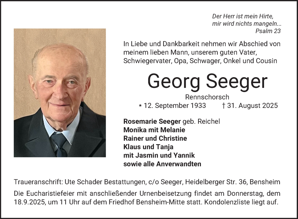  Traueranzeige für Georg Seeger vom 13.09.2025 aus Bergsträßer Anzeiger