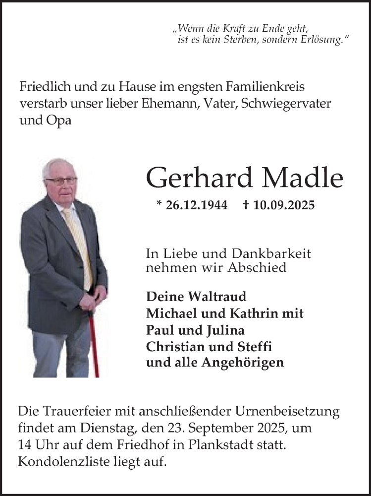  Traueranzeige für Gerhard Madle vom 20.09.2025 aus Schwetzinger Zeitung