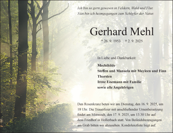 Traueranzeige von Gerhard Mehl von Fränkische Nachrichten