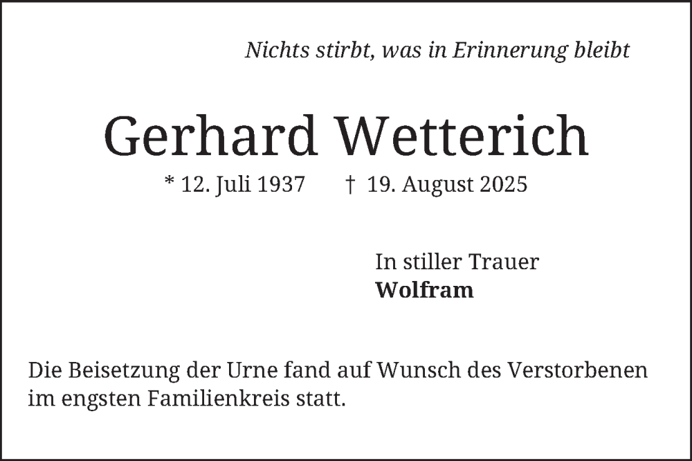  Traueranzeige für Gerhard Wetterich vom 13.09.2025 aus Mannheimer Morgen