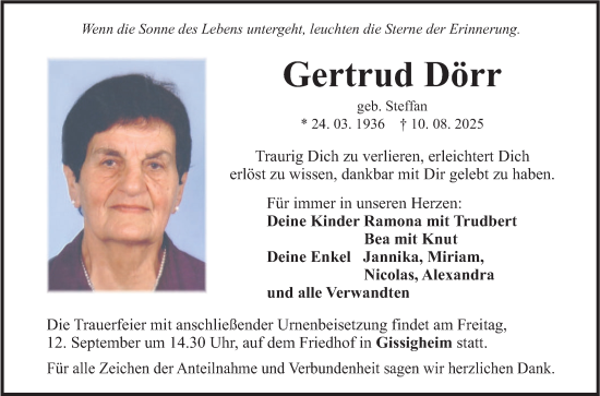 Traueranzeige von Gertrud Dörr von Fränkische Nachrichten