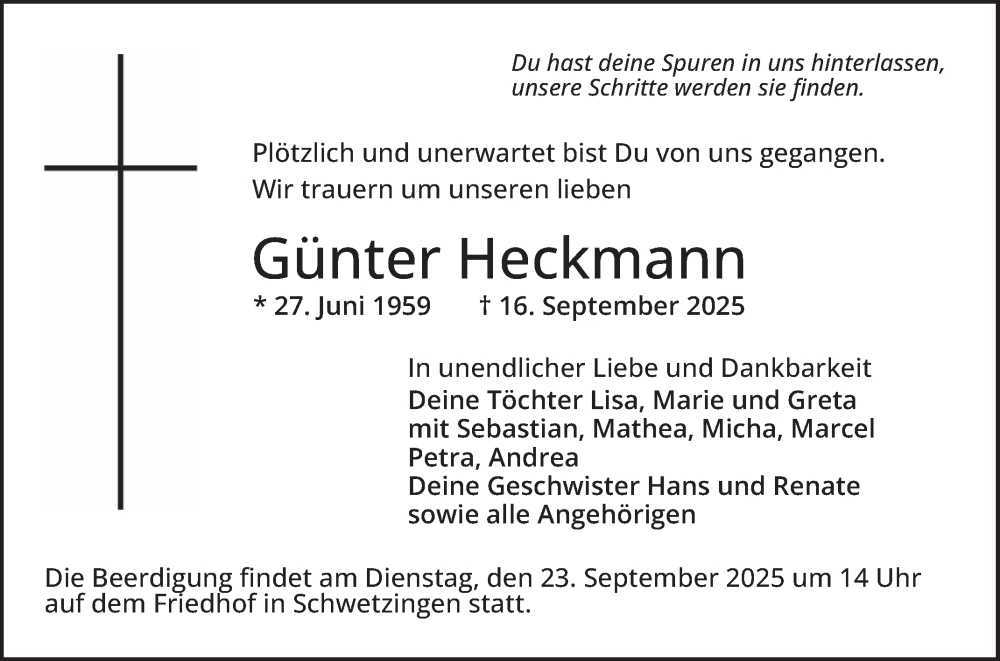  Traueranzeige für Günter Heckmann vom 20.09.2025 aus Schwetzinger Zeitung