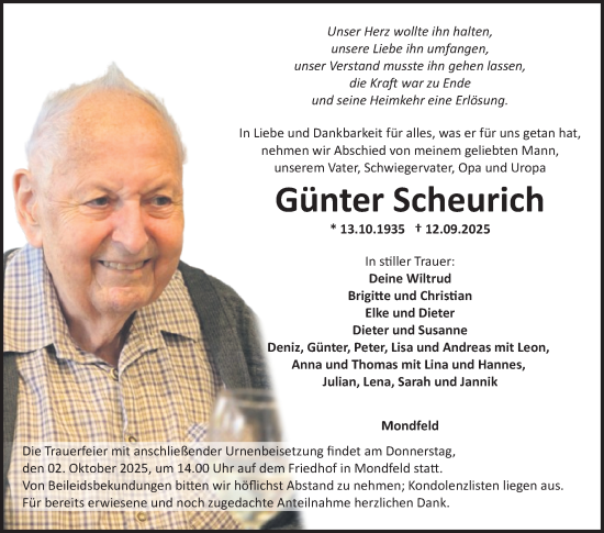 Traueranzeige von Günter Scheurich von Fränkische Nachrichten