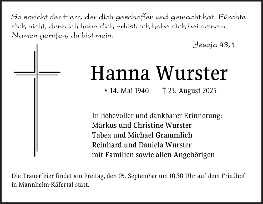  Traueranzeige für Hanna Wurster vom 03.09.2025 aus Mannheimer Morgen