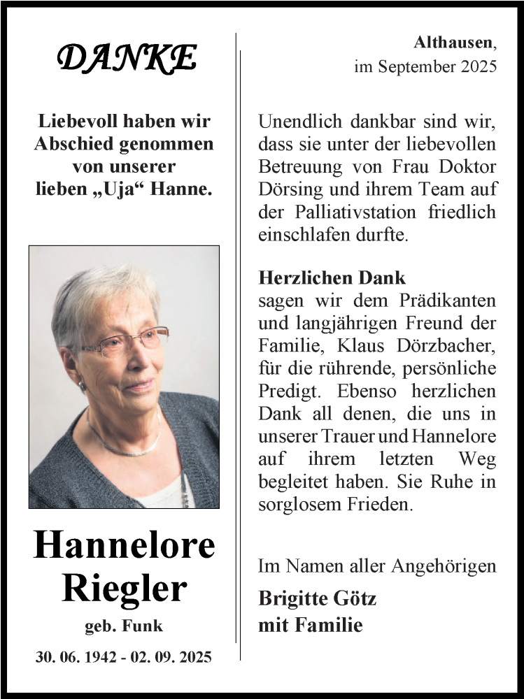  Traueranzeige für Hannelore Riegler vom 20.09.2025 aus Fränkische Nachrichten