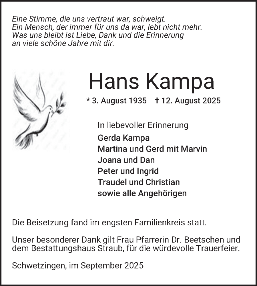  Traueranzeige für Hans Kampa vom 13.09.2025 aus Schwetzinger Zeitung