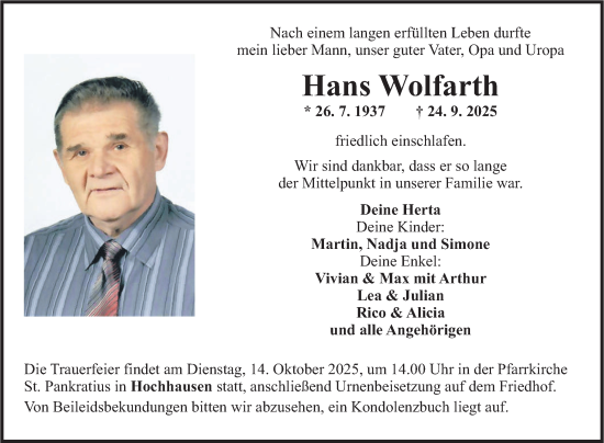 Traueranzeige von Hans Wolfarth von Fränkische Nachrichten