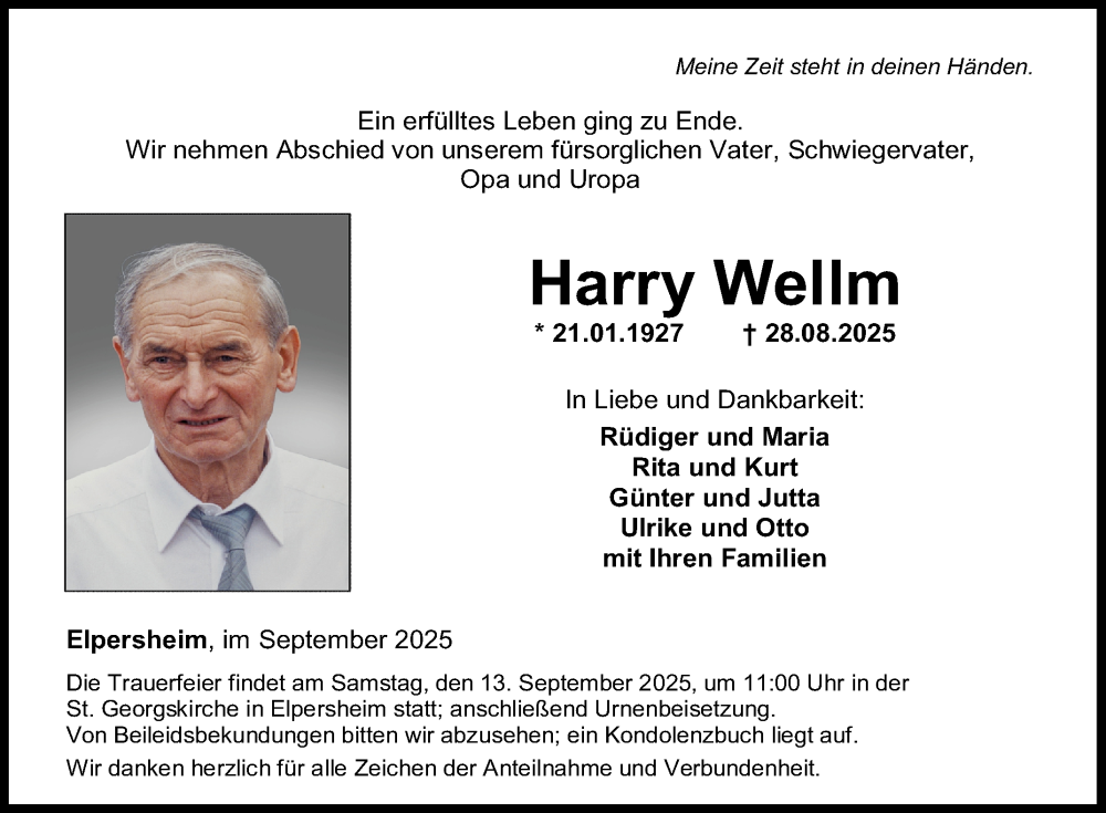  Traueranzeige für Harry Wellm vom 10.09.2025 aus Fränkische Nachrichten