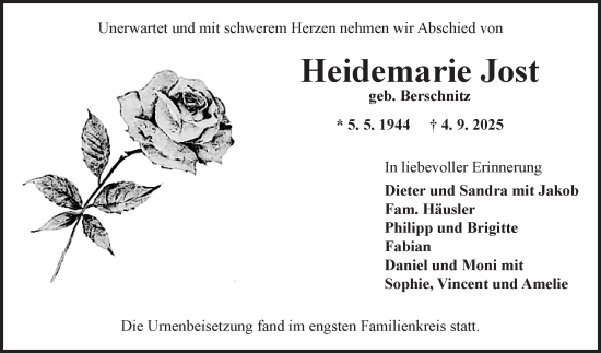 Traueranzeige von Heidemarie Jost von Fränkische Nachrichten