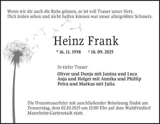 Traueranzeige von Heinz Frank von Mannheimer Morgen