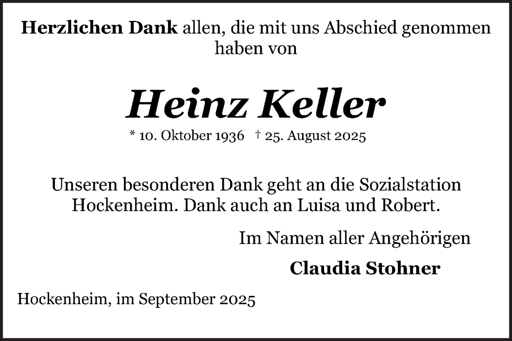  Traueranzeige für Heinz Keller vom 13.09.2025 aus Schwetzinger Zeitung