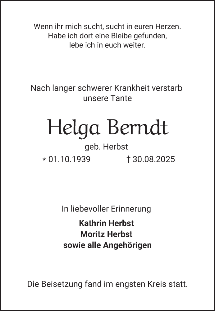  Traueranzeige für Helga Berndt vom 06.09.2025 aus Bergsträßer Anzeiger