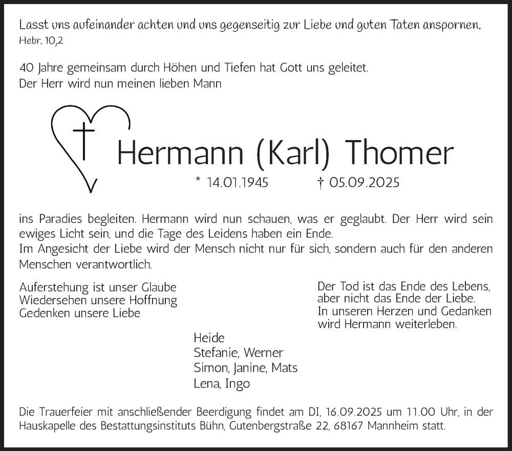  Traueranzeige für Hermann Thomer vom 13.09.2025 aus Mannheimer Morgen