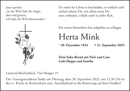 Traueranzeige von Herta Mink von Bergsträßer Anzeiger